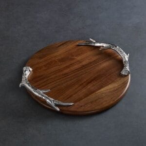 Handicraft Exim Round Wooden Serving Tray | Antler-Style Metal Handles | Rustic Elegance | Hosting & Decor