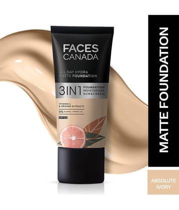 FACES CANADA Hydra Matte Foundation 3-in-1 Foundation + Moisturizer + SPF 30 | Rose Ivory 011 | 25ml
