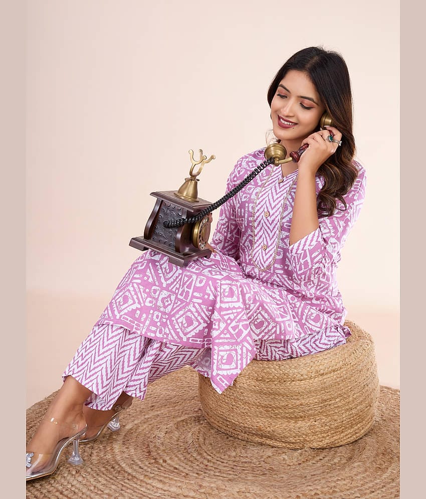 Women Basket Cotton Blend Printed Kurti With Pants Women's Stitched Salwar Suit - Purple ( Pack of 1 )