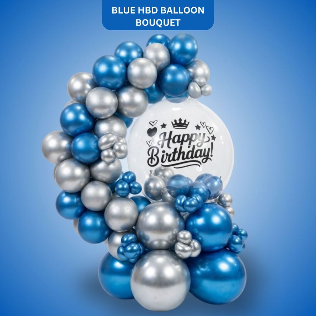 Designer Blue & Silver Balloon Bouquet Arrangement with Transaprent Round Bobo Balloon - Party and Festive Needs | Buy online on ZillyBuy