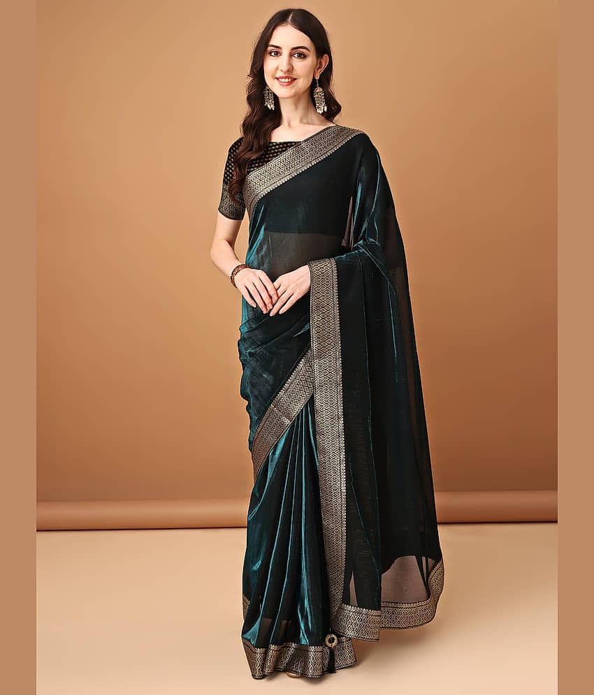 Parmila Fashion Lycra Embellished Saree With Unstitched Blouse Piece ( Teal )