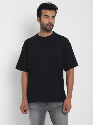 100% Cotton Oversize Round Neck T-Shirt - Black-S / Black
