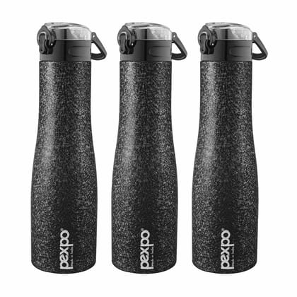 PEXPO Stainless Steel Sports Water Bottle, 1L, Pack Of 3 Black, Monaco | Portable & Eco-Friendly Water Bottle with Push Button Cap