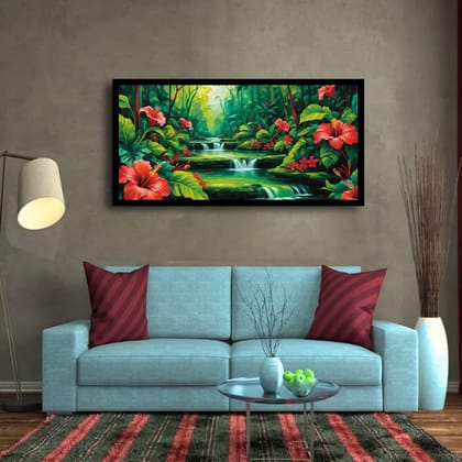 Luminary Tropical Harmony – Lush Waterfall Hideaway Museum-Quality Cotton Canvas Art for Living Room Décor | Frame Size (127 X 69 Cm) | Frame Type (Black) | 5-Year Warranty