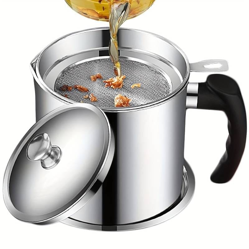 Stainless Steel Oil Strainer Pot Oil Container with Removable Filter Bacon Grease Storage Can Vinegar Dispenser Tea Pot Kettle for Home Kitchen Cooking