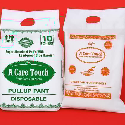 A Care Touch Disposable Pull Up Pants with Super Absorbent Pads, Leak-Proof Side Barriers (1 Pack Underpad & 1 Pack M-L Pull Up Pant)