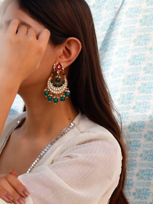 Eeha Green Kundan Chandbali Earrings-Green