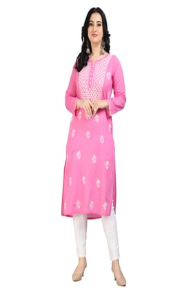 The Chikankari Story Chikankari Hand Embroidery Cotton Kurti with 3D Motifs – Pink Lakhnavi Self-Design Kurti for Women, Bollywood-Inspired, Global Top Seller.-S / Pink