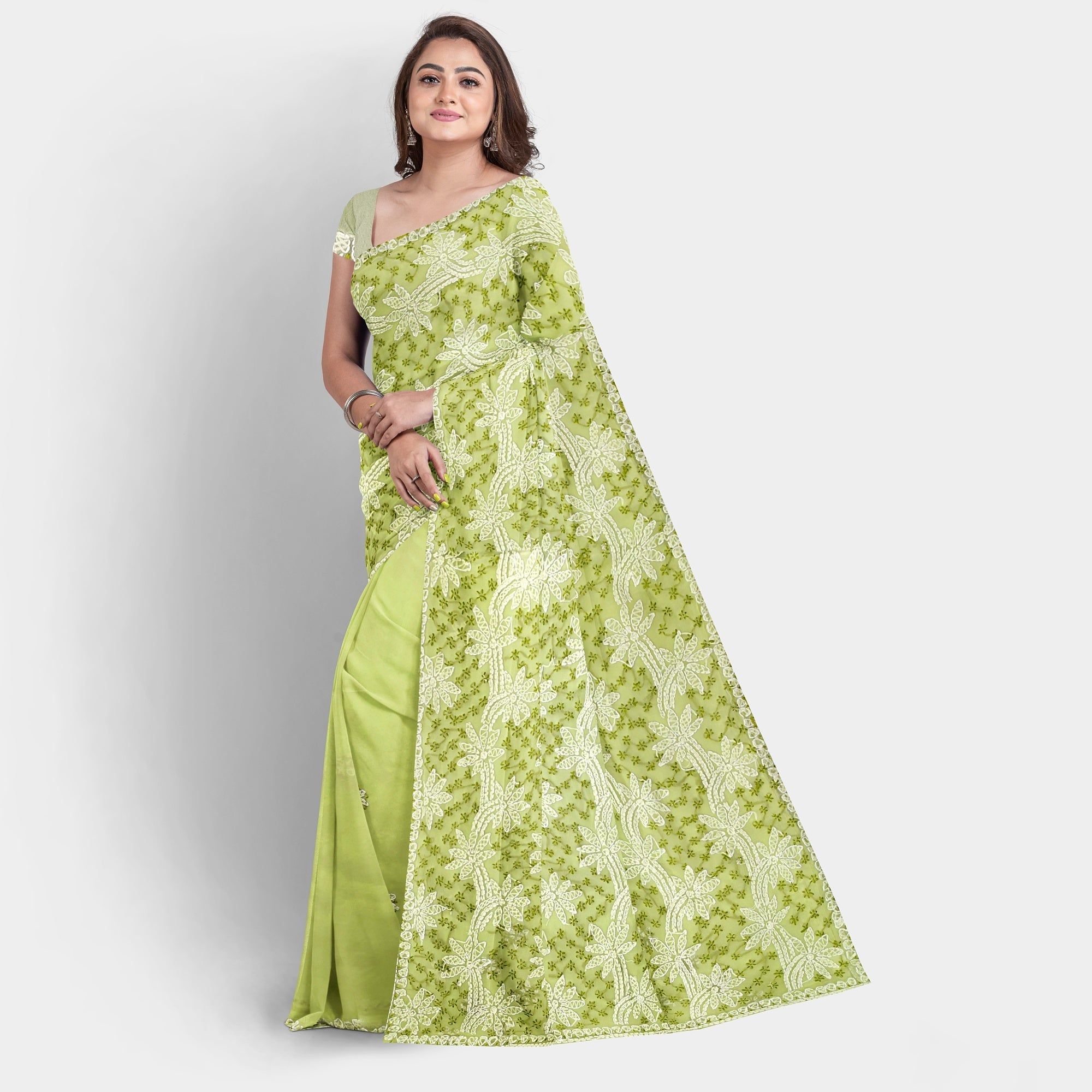 TheHangr Dual Thread Hand Embroidered Yellow Georgette Lucknowi Chikankari Saree With Blouse