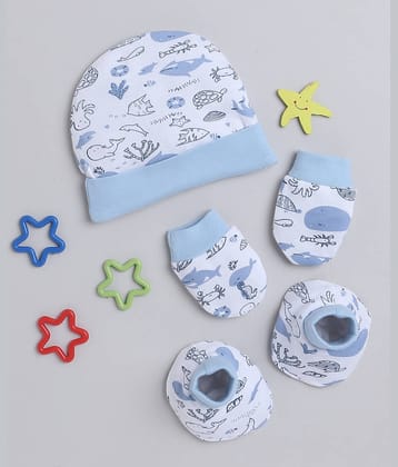 BUMZEE White & Sky Blue Boys Cotton Cap Mitten Bootie Set Age - 0-3 Months