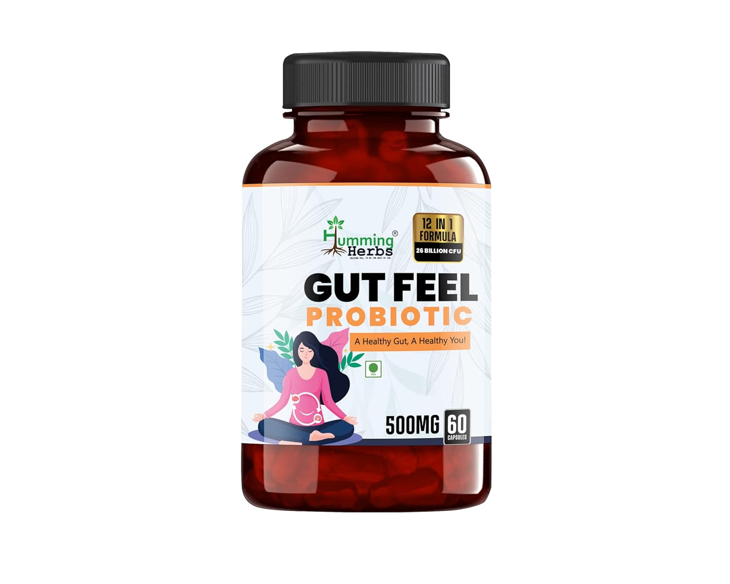 Humming Herbs Gut Feel Probiotics Supplements for Gut Health | 25 Billion CFU & 12 Strains | Improves Digestion, Boot Immunity, 60 Capsules