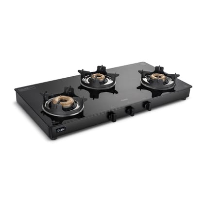 3 Burner PNG Glass Gas Stove with High Flame Brass Burner and Crown Pan Supports (CT1038GTBBBLHFCPPN)