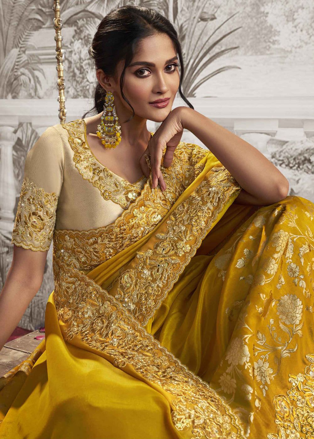 Beautiful Gold Yellow Heavy Embroidered Designer Silk Saree