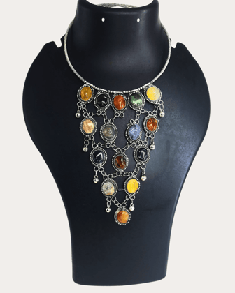 Vintage Agate Cabochon Bib Necklace Silver Tone Boho Belly Dancer Costume Tribal