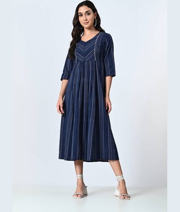 AMBI Cotton Blend Striped Midi Women's Fit & Flare Dress - Blue ( Pack of 1 )