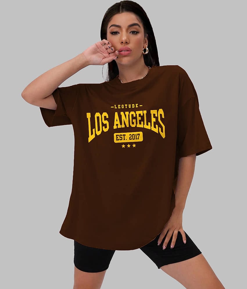 Leotude Women Cotton Blend Printed Oversized Fit Round Neck T-Shirt ( Brown )