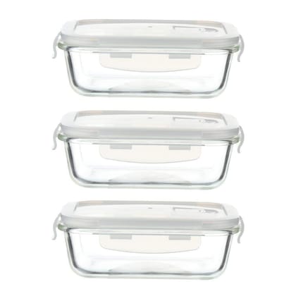 Femora Borosilicate Glass Microwave Safe Rectangle Food Storage Container with Air Vent Lid, 620 ml, Set of 3, 1 Year Free Replacement