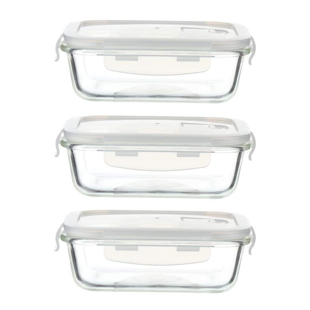 Femora Borosilicate Glass Microwave Safe Rectangle Food Storage Container with Air Vent Lid, 620 ml, Set of 3, 1 Year Free Replacement