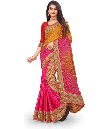 Rangtulika Ethnics Chiffon Printed Bandhani Sarees With Unstitched Blouse Piece ( Multicolor )