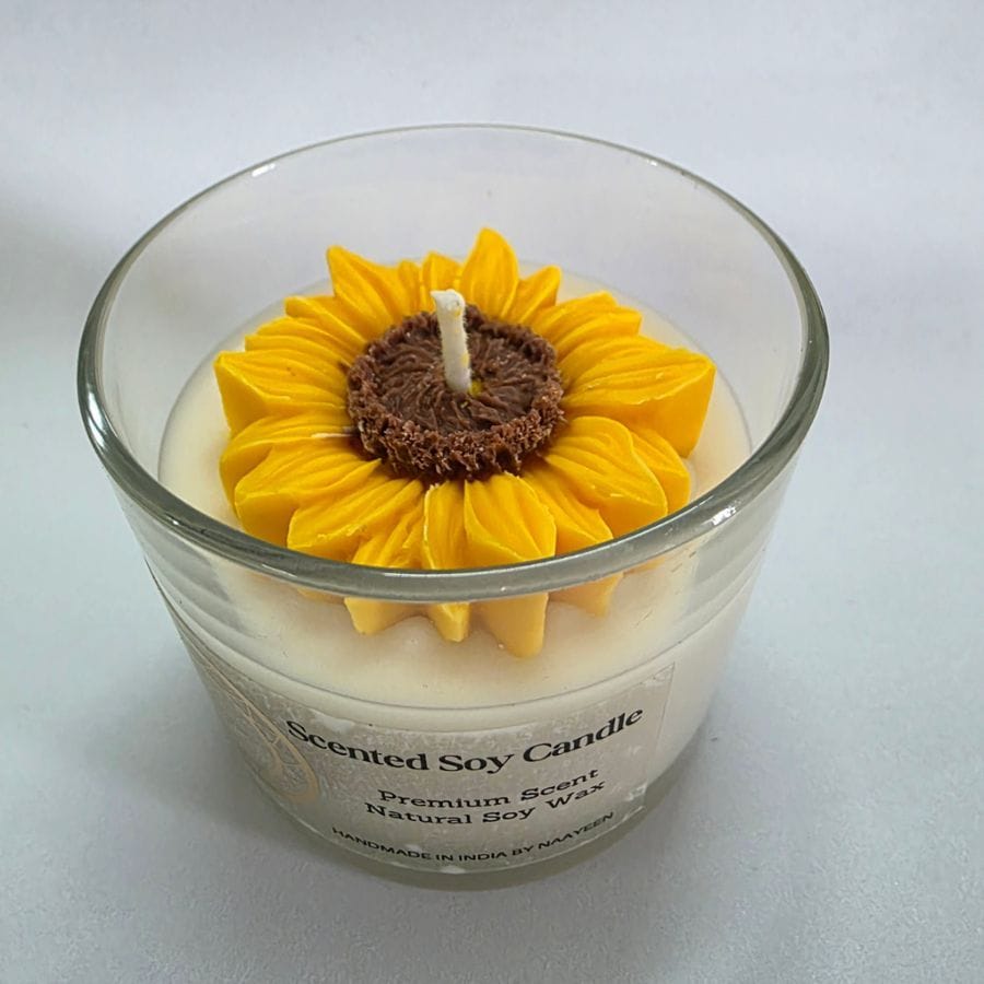 Natural Soy Scented Candle with Sunflower in Glass Jar, Jasmine Fragrance