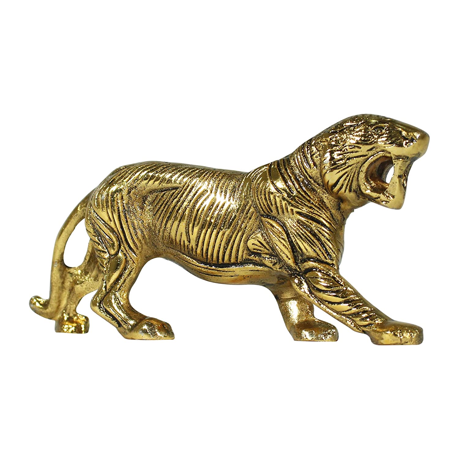 DreamKraft White Metal Gold Polish Lion Statue Showpiece Figurines (Golden - 21 x 5 x 9.5 cm)