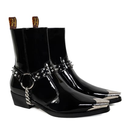 Black Patent Metal Toe Cap Cuban Heel Leather Boots with Removable Straps-40/6