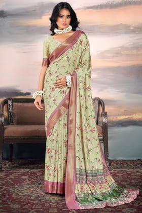 Mist Green Digital Printed Cotton Saree