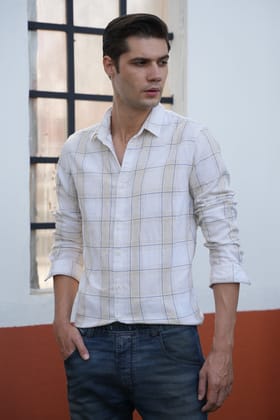 Casper - Cotton Check Shirt - Cream-S-38 / CREAM