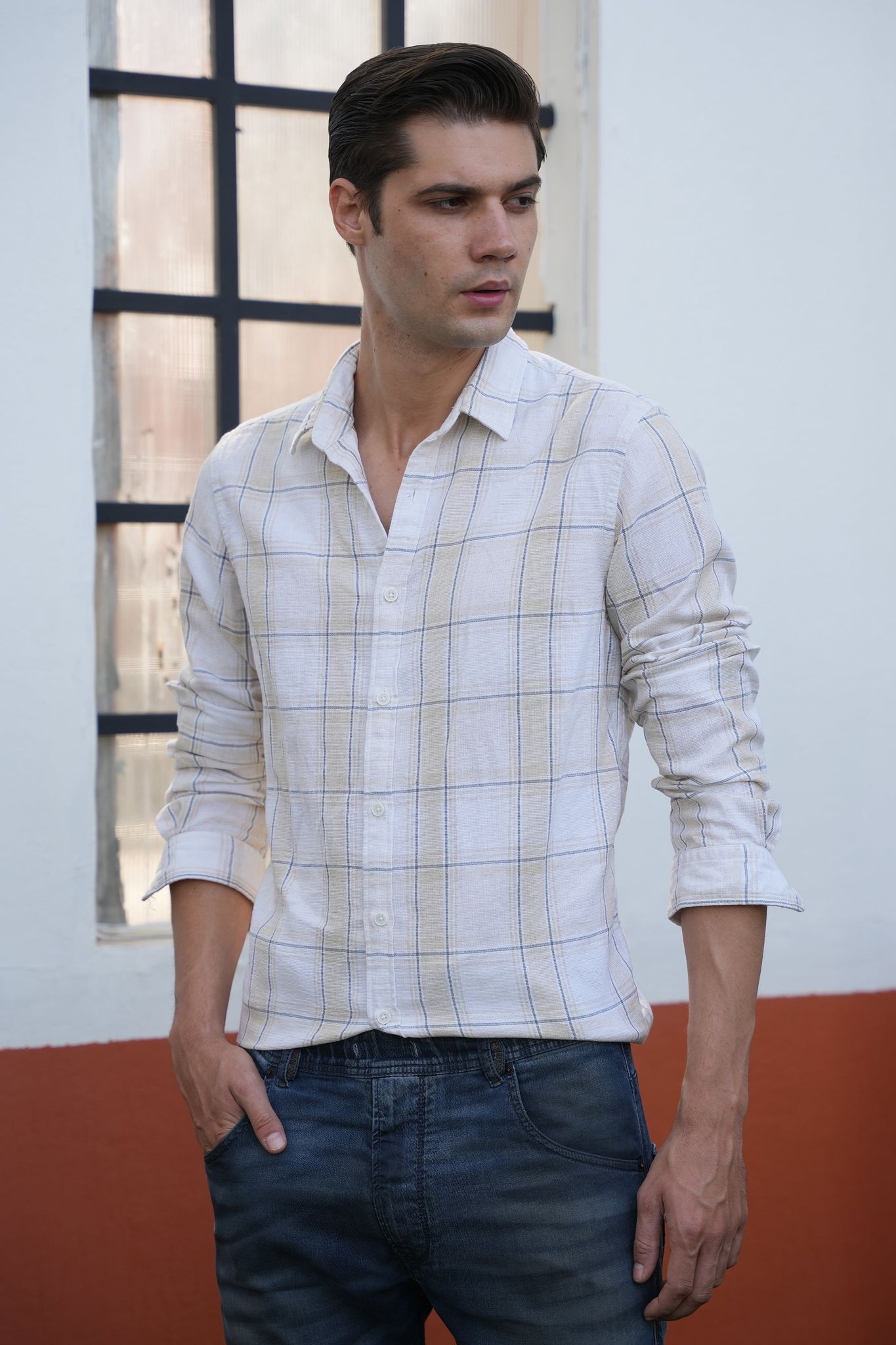 Casper - Cotton Check Shirt - Cream-S-38 / CREAM