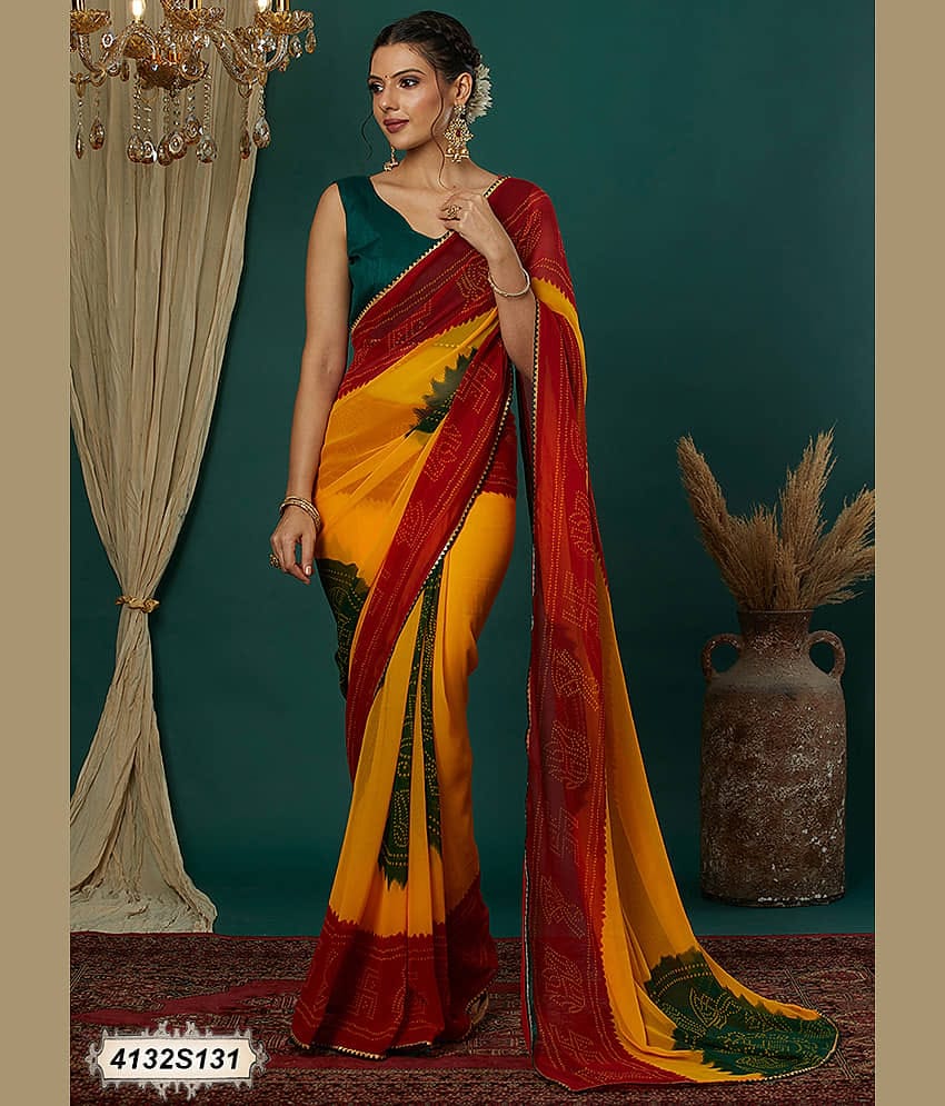 Satrani Georgette Printed Bandhani Sarees With Unstitched Blouse Piece ( Yellow )