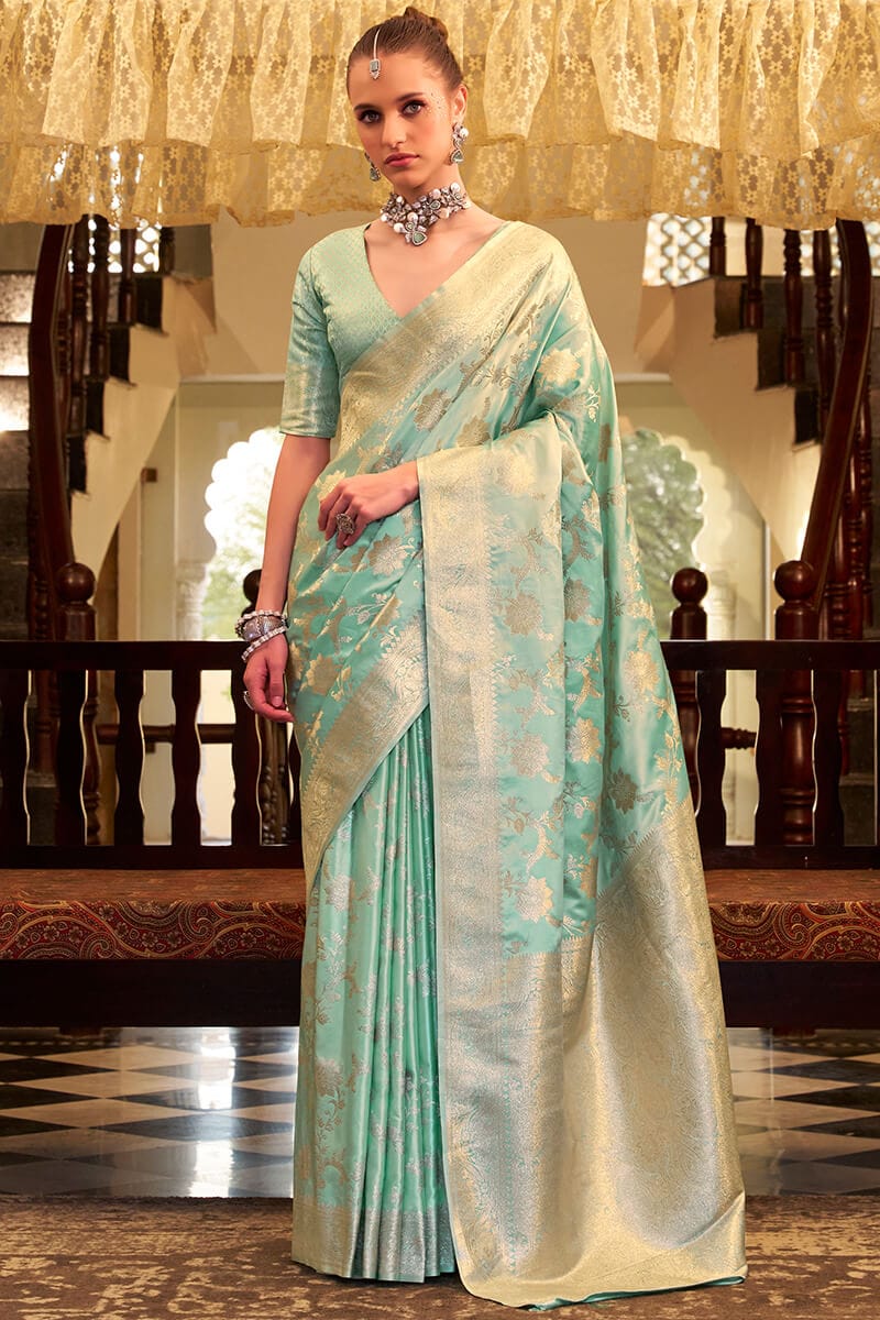Seafoam Green Banarasi Satin Silk Saree