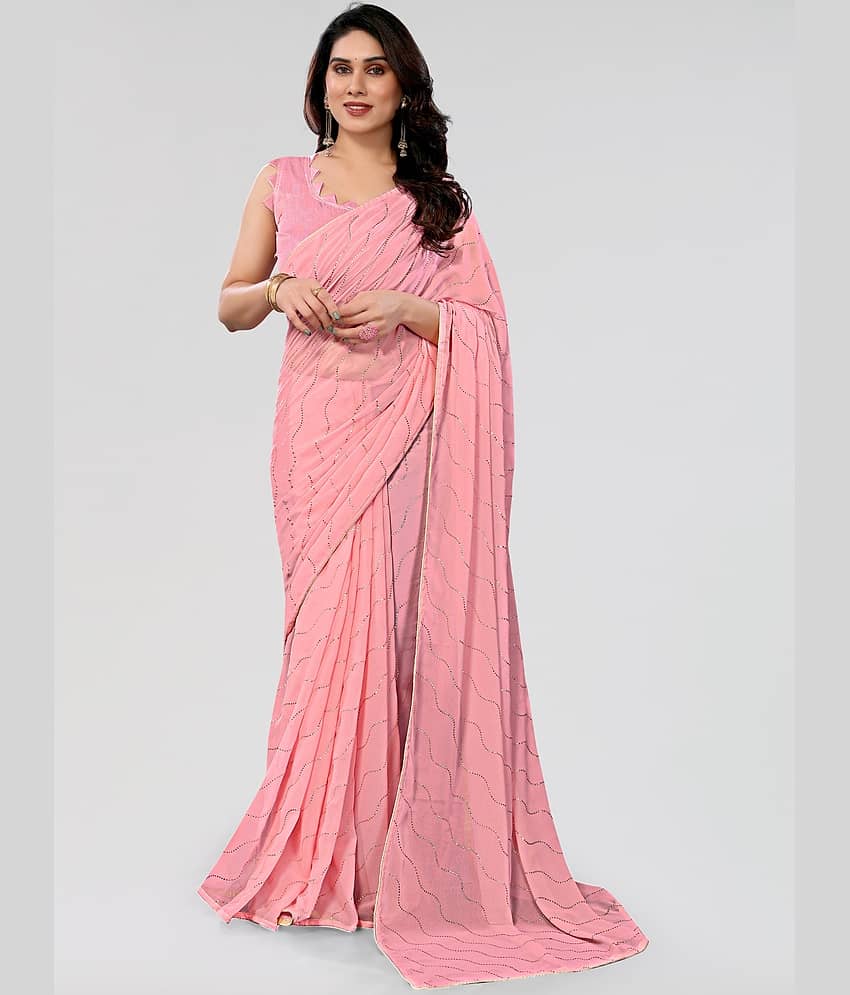 BLEESBURY Georgette Embellished Saree With Unstitched Blouse Piece ( Pink )
