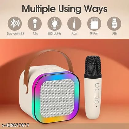 Portable Bluetooth Karaoke Speaker with Wireless Microphone, Dynamic Lights, MP3 Player, USB Charging Cable, Beige