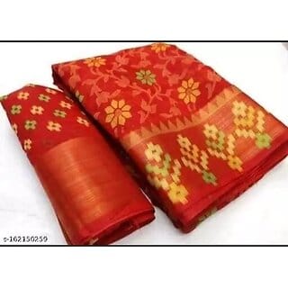 Red Colour Cotton Printed Saree With Blouse Piece