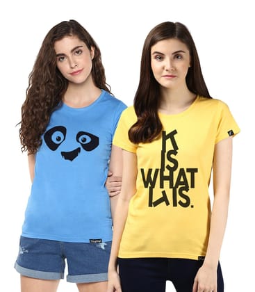Young Trendz Womens Combo Half Sleeve  Pandaeyes Printed Skyblue Color and Itis Printed Yellow Color Tshirts-Skyblue/Yellow / Small / 100% Bio Wash Cotton