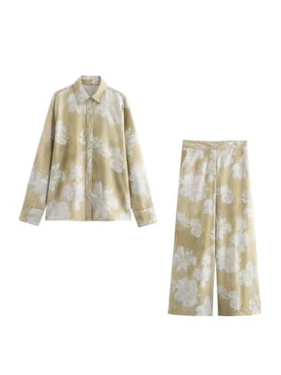 Flower Printed Shirt & Wide Leg Pant Coord Set-Beige / M