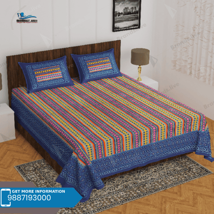 3001-Hometrade India-Standard King Size (90*108 Inches)-Pure Cotton Jaipuri Double Bedsheet With Matching Pillow Cover