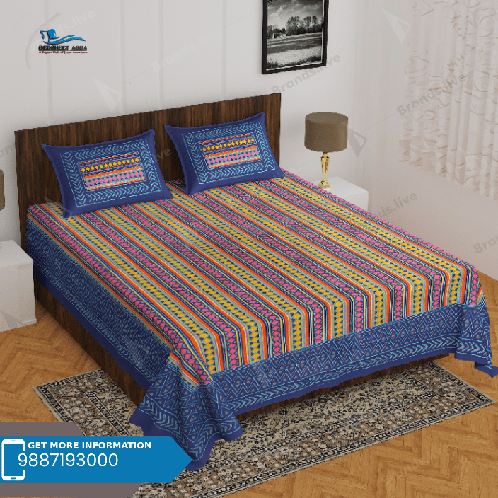 3001-Hometrade India-Standard King Size (90*108 Inches)-Pure Cotton Jaipuri Double Bedsheet With Matching Pillow Cover