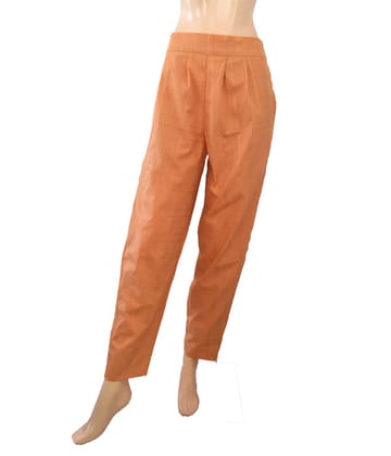 Self Checkered Cotton Pants with Zip Opening & Pockets, Back Elasticated, Peach, PN1042-S