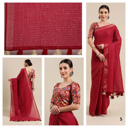 Red Color Sequence Silk Border Cotton Blend Saree.