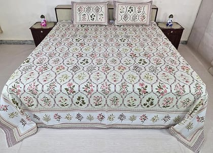 Bedsheet Set with Pillow Covers, Floral Print Cotton, Pink, Green, and Brown with Super King Size 9 feet X 9 Feet