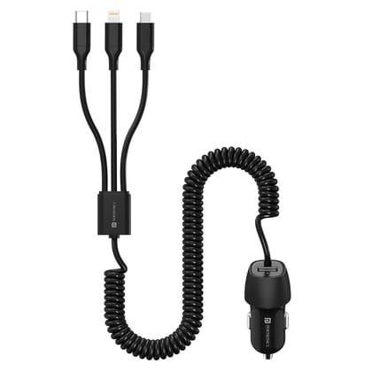 Portronics Car Power 3X, 12W 3-in-1 Coiled Cable (Type-C, Lightning, Micro-USB), 17W USB-A Port, Charge 4 Devices at Once, For Phones, Tablets, Earbuds & More