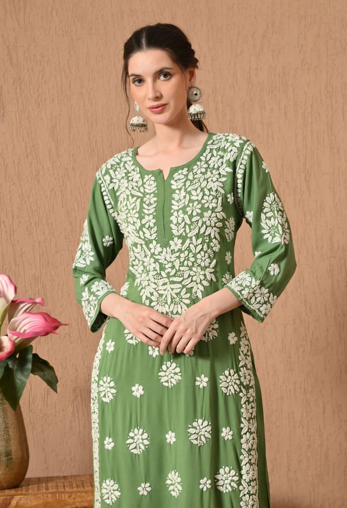 Premium Rayon Chikankari Plazo Set with Hand Embroidery & 3D Work - Green