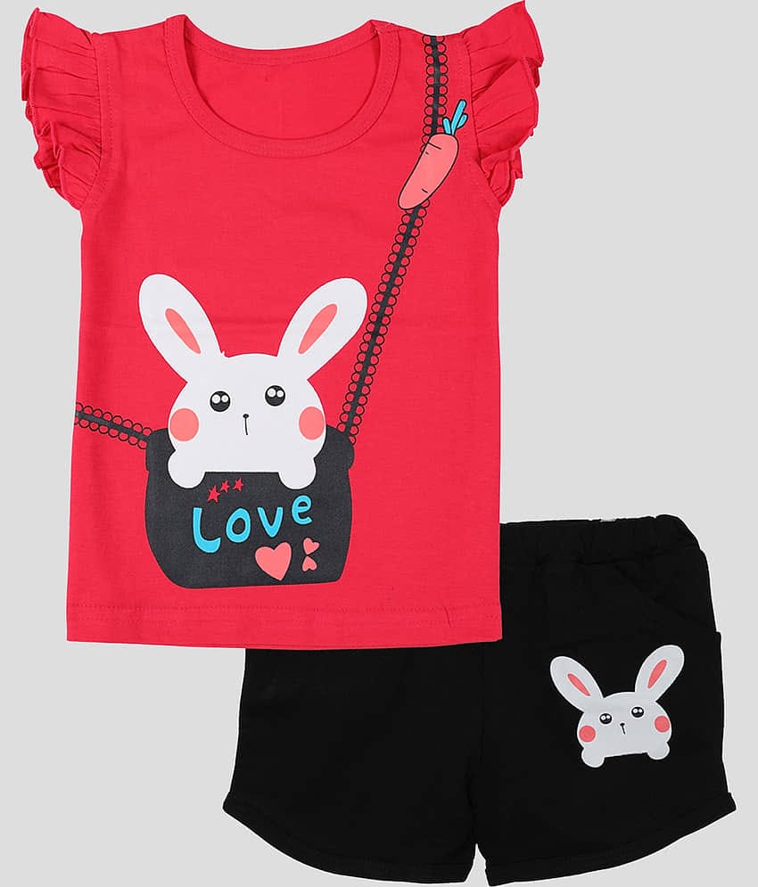 CATCUB Pack of 1 Girls Cotton Top With Shorts ( Red )