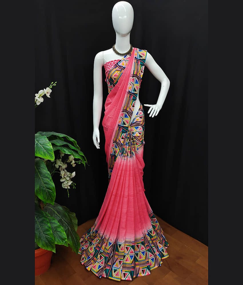 ANAND SAREES Georgette Printed Saree With Unstitched Blouse Piece ( Pink )