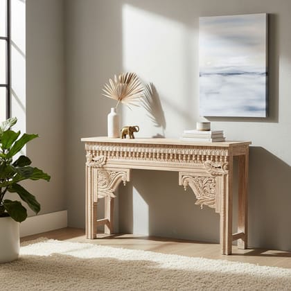 Hand-Carved White Wash Console Table