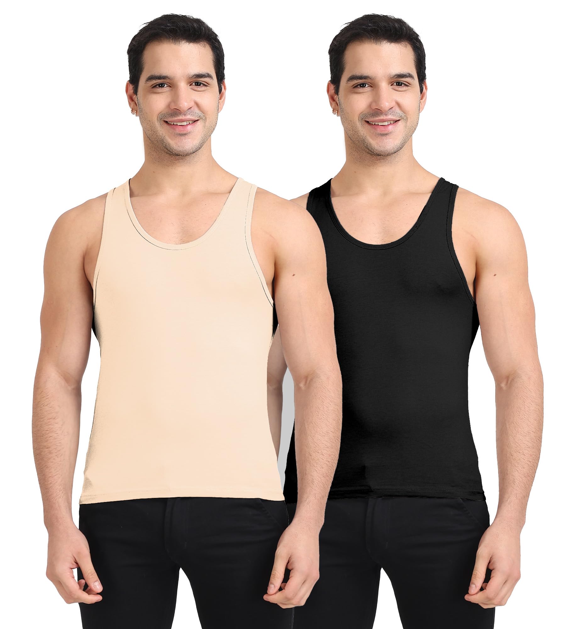 Freecultr Cotton Vest for Men Sleeveless Lightweight Solid Round Neck Comfort Vests Breathable & Comfortable Innerwear Sando for Man Regular Fit  Pack of 2-Black,Light Coral