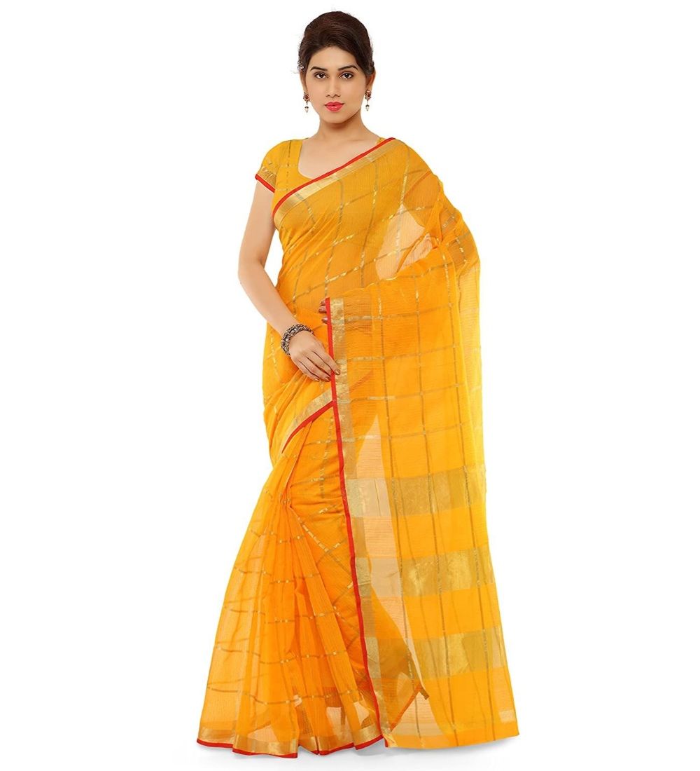 Generic Women's Kota Doria Cotton Saree with Blouse (Yellow, 6 - 3 Mtrs)