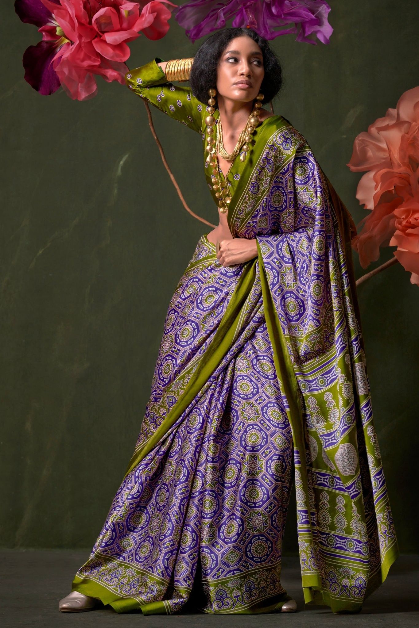 Veronica Purple and Green Ajrakh Printed Satin Crepe Soft Silk Saree