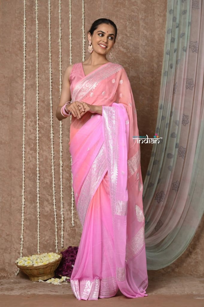 Tyohaar ~ Handloom Khaddi Georgette Saree With Sleek Border ~ Blush Pink (Silk Mark) - Sarees | Buy online on ZillyBuy